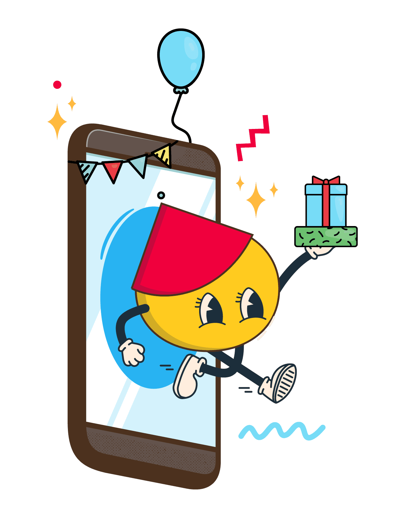Felicito saliendo de la pantalla de un teléfono con un regalo